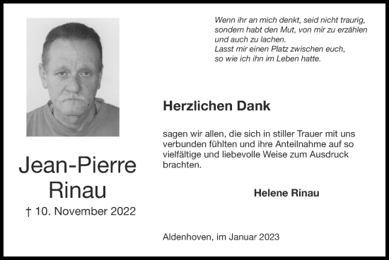 Traueranzeige von Jean-Pierre Rinau von Zeitung am Sonntag