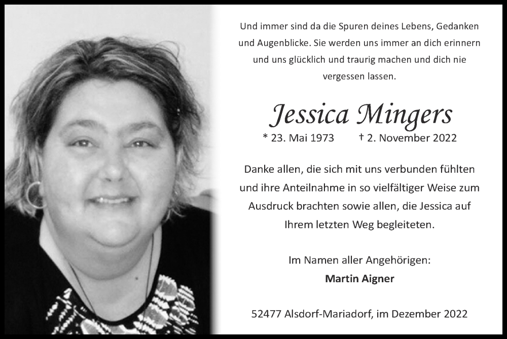  Traueranzeige für Jessica Mingers vom 18.12.2022 aus Zeitung am Sonntag