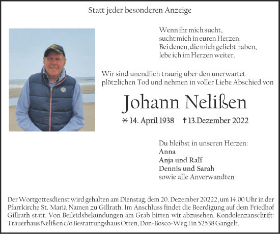 Traueranzeige von Johann Nelißen von Zeitung am Sonntag