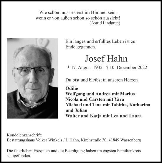 Traueranzeige von Josef Hahn von Zeitung am Sonntag