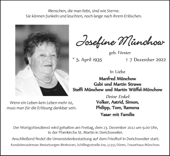 Traueranzeige von Josefine Münchow von Zeitung am Sonntag