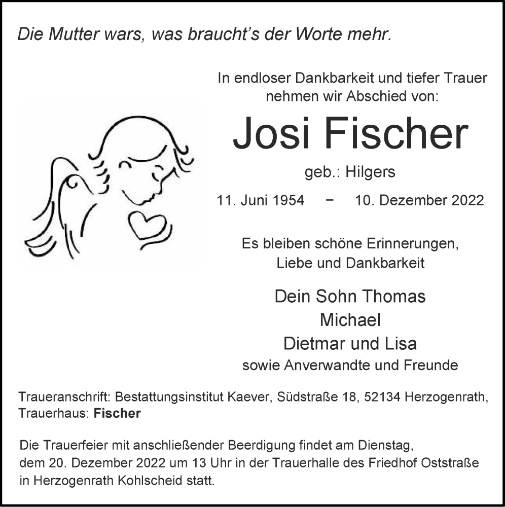  Traueranzeige für Josi Fischer vom 18.12.2022 aus Zeitung am Sonntag
