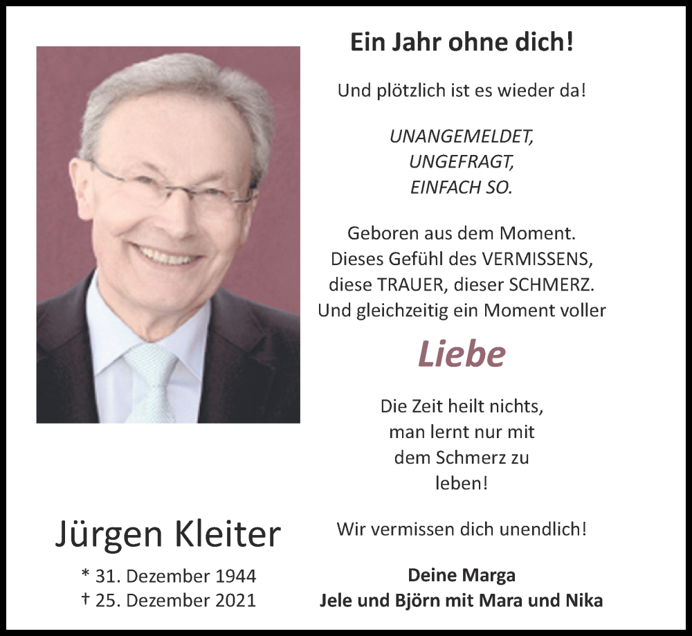  Traueranzeige für Jürgen Kleiter vom 18.12.2022 aus Zeitung am Sonntag