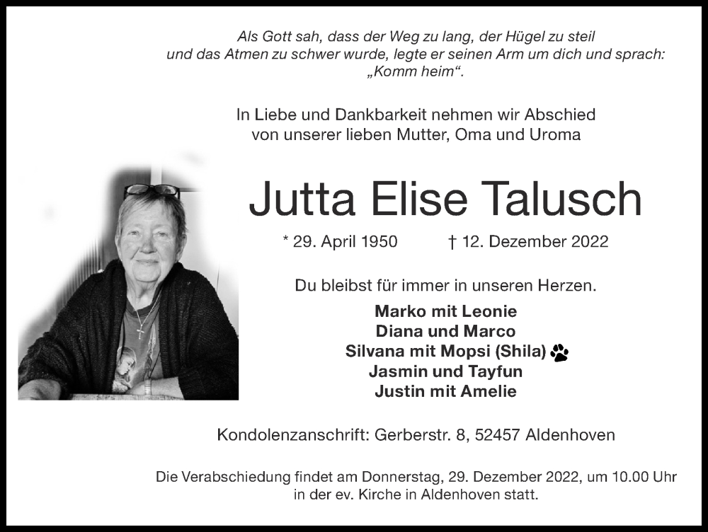 Traueranzeige für Jutta Elise Talusch vom 25.12.2022 aus Zeitung am Sonntag