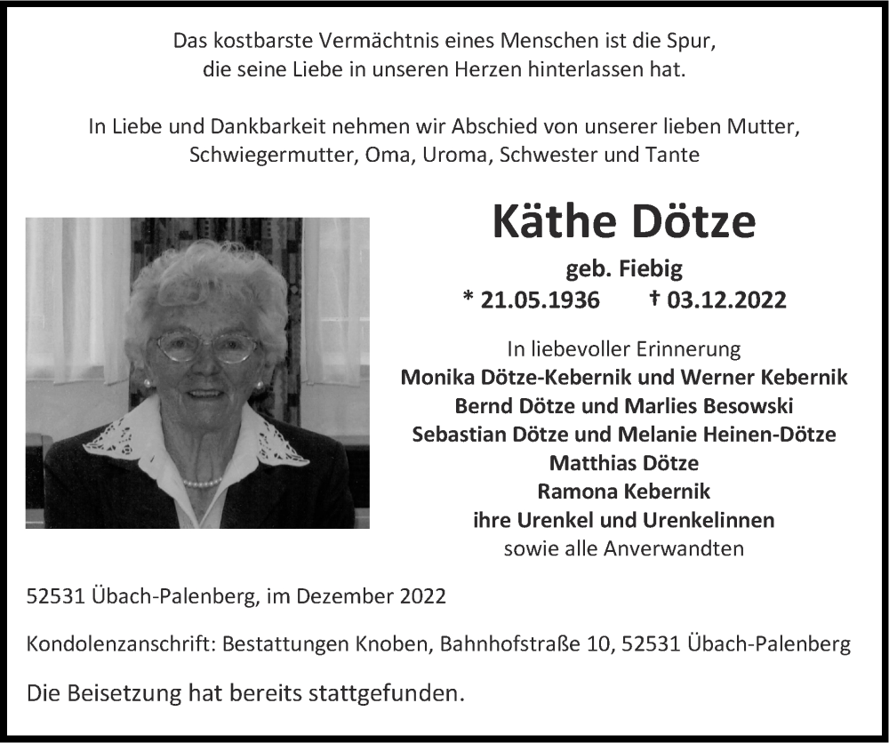  Traueranzeige für Käthe Dötze vom 11.12.2022 aus Zeitung am Sonntag