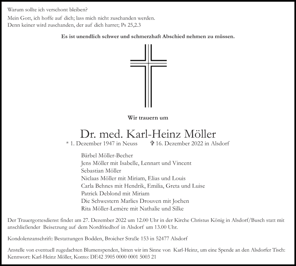  Traueranzeige für Karl-Heinz Möller vom 25.12.2022 aus Zeitung am Sonntag