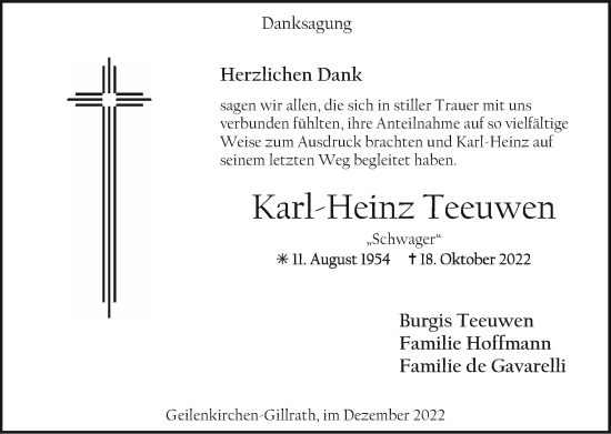 Traueranzeige von Karl-Heinz Teeuwen von Zeitung am Sonntag