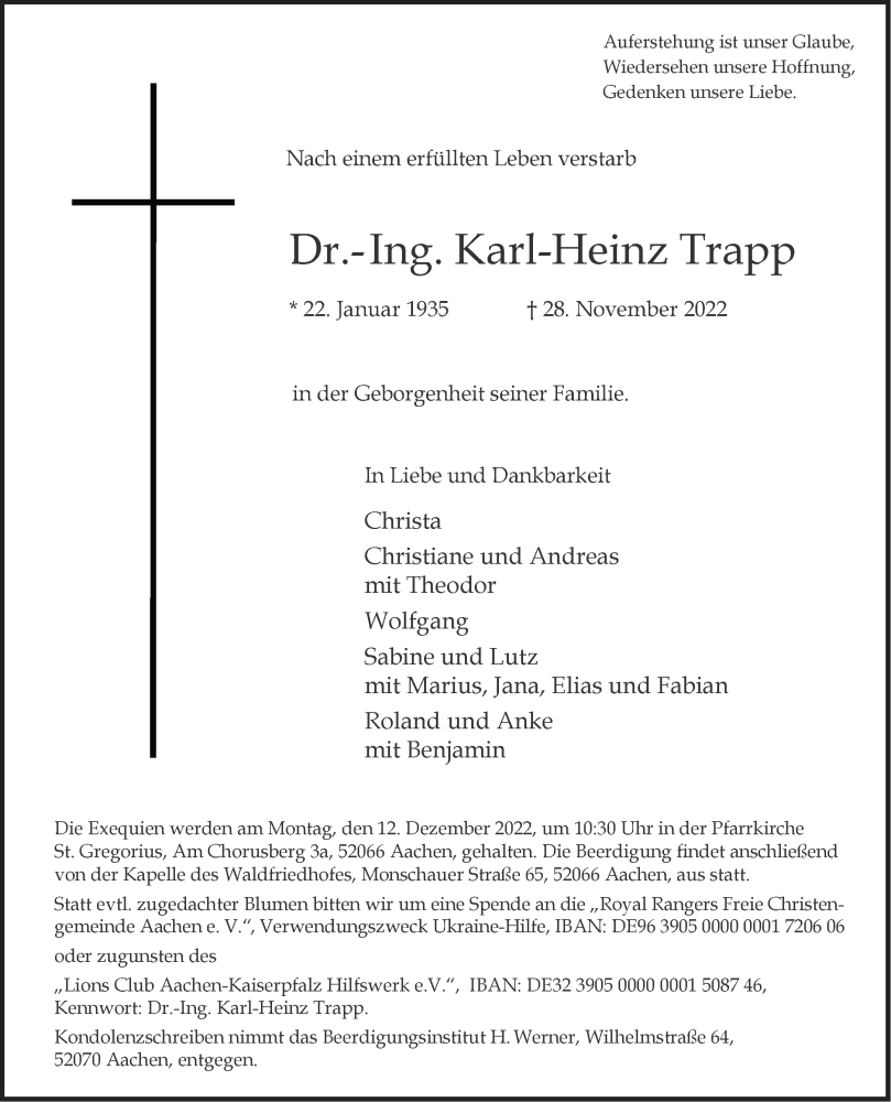  Traueranzeige für Karl-Heinz Trapp vom 03.12.2022 aus Aachener Zeitung / Aachener Nachrichten