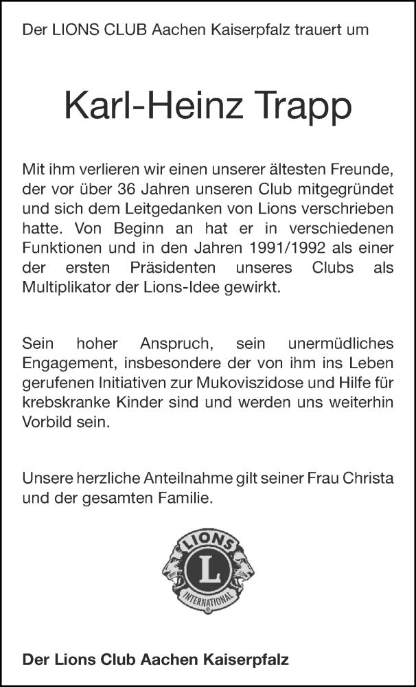 Traueranzeige für Karl-Heinz Trapp vom 03.12.2022 aus Aachener Zeitung / Aachener Nachrichten