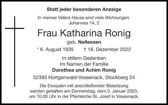 Traueranzeige von Katharina Ronig von Zeitung am Sonntag
