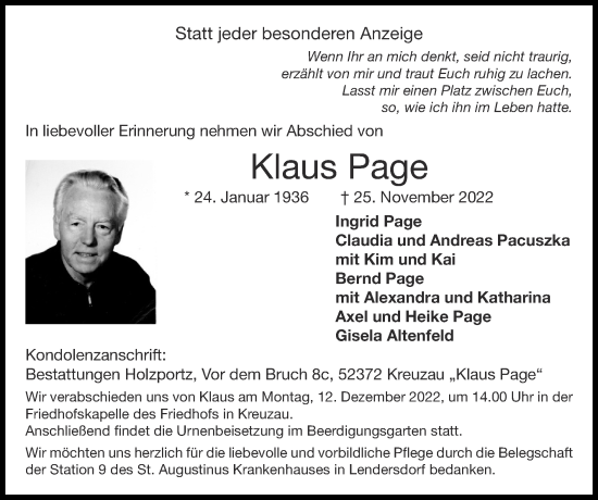 Traueranzeige von Klaus Page von Zeitung am Sonntag