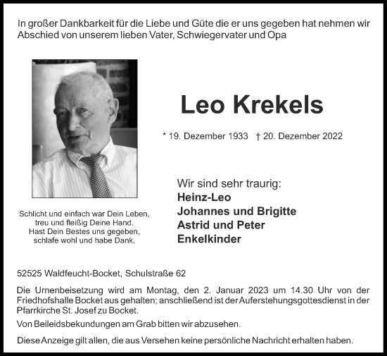 Traueranzeige von Leo Krekels von Zeitung am Sonntag