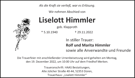 Traueranzeige von Liselott Himmler von Aachener Zeitung / Aachener Nachrichten