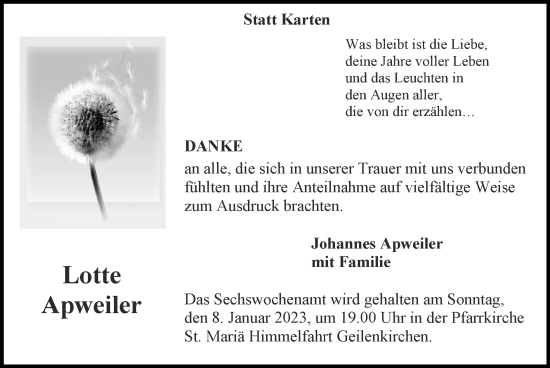 Traueranzeige von Lotte Apweiler von Zeitung am Sonntag