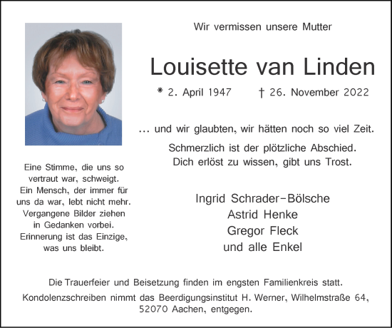 Traueranzeige von Louisette van Linden von Zeitung am Sonntag