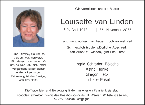Traueranzeige von Louisette van Linden von Aachener Zeitung / Aachener Nachrichten