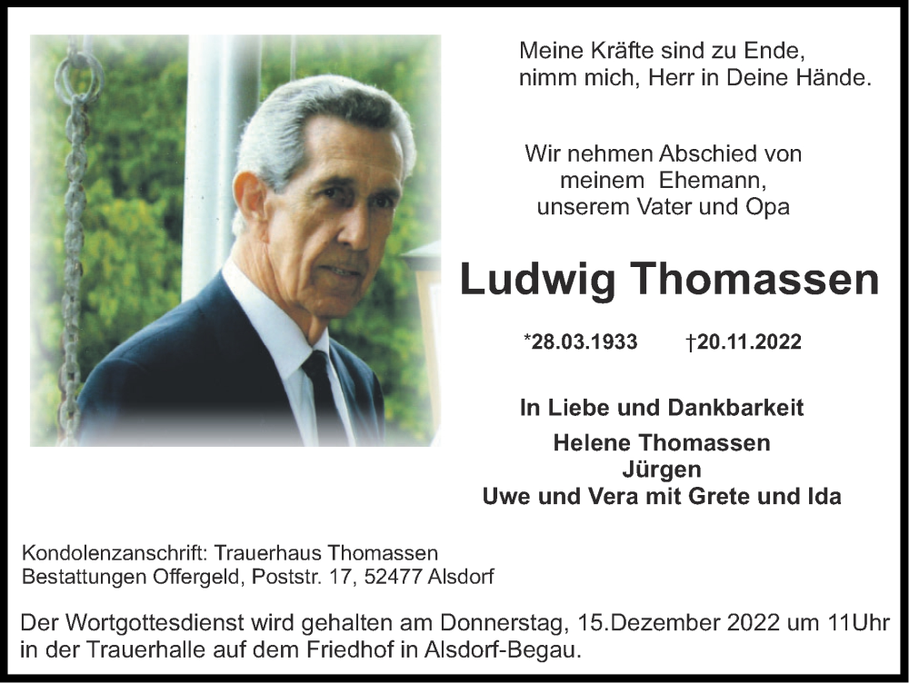  Traueranzeige für Ludwig Thomassen vom 11.12.2022 aus Zeitung am Sonntag