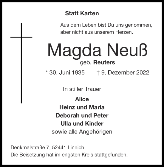 Traueranzeige von Magda Neuß von Zeitung am Sonntag