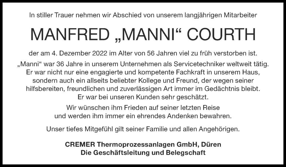  Traueranzeige für Manfred Courth vom 25.12.2022 aus Zeitung am Sonntag