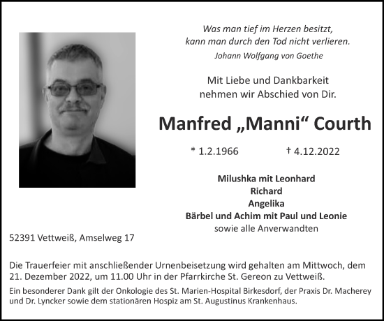 Traueranzeige von Manfred Courth von Zeitung am Sonntag