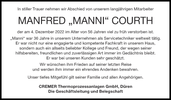 Traueranzeige von Manfred Courth von Zeitung am Sonntag