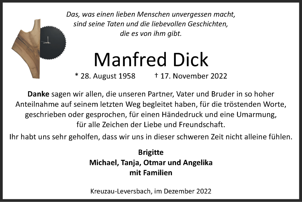  Traueranzeige für Manfred Dick vom 25.12.2022 aus Zeitung am Sonntag