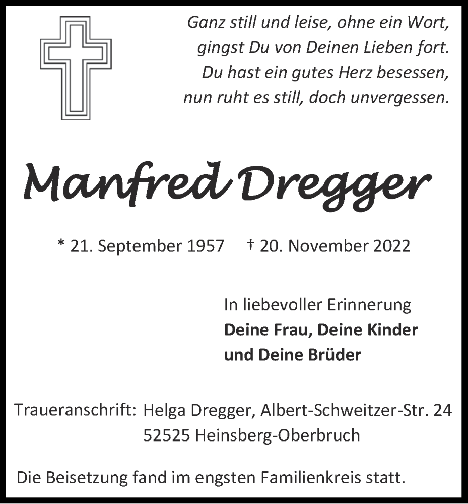 Traueranzeige für Manfred Dregger vom 11.12.2022 aus Zeitung am Sonntag