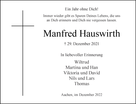Traueranzeige von Manfred Hauswirth von Aachener Zeitung / Aachener Nachrichten