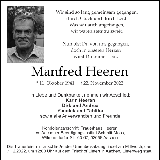 Traueranzeige von Manfred Heeren von Zeitung am Sonntag