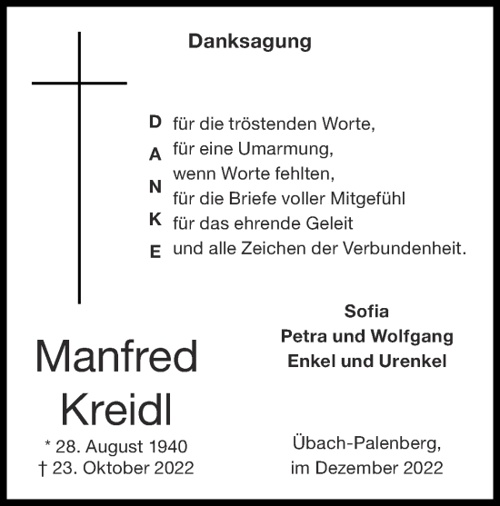 Traueranzeige von Manfred Kreidl von Zeitung am Sonntag