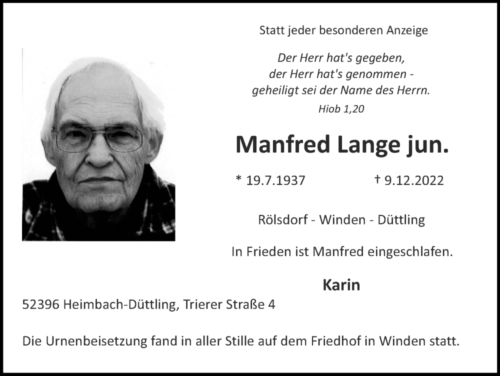  Traueranzeige für Manfred Lange vom 25.12.2022 aus Zeitung am Sonntag