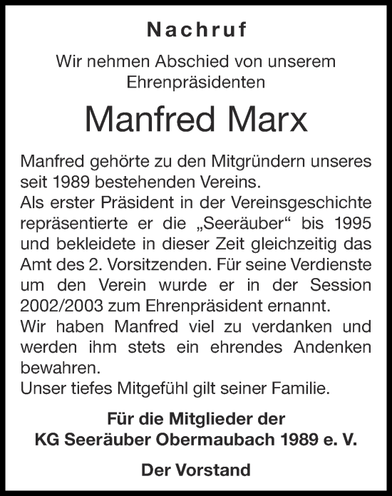 Traueranzeige von Manfred Marx von Zeitung am Sonntag