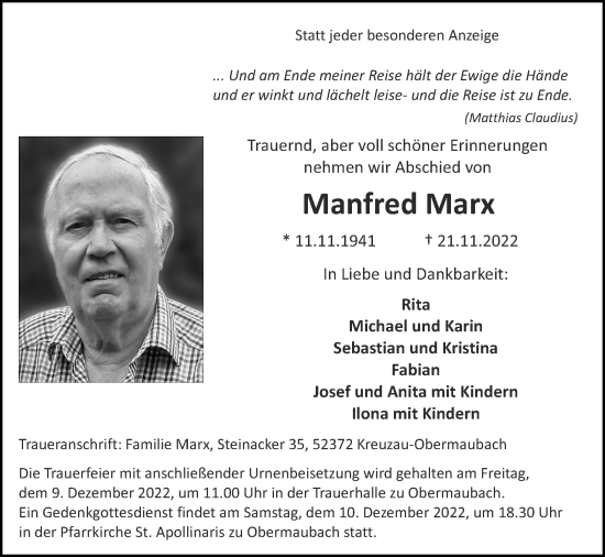 Traueranzeige von Manfred Marx von Zeitung am Sonntag