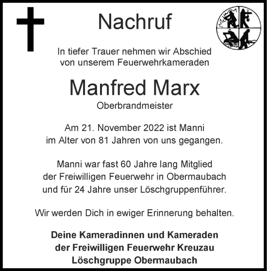 Traueranzeige von Manfred Marx von Zeitung am Sonntag