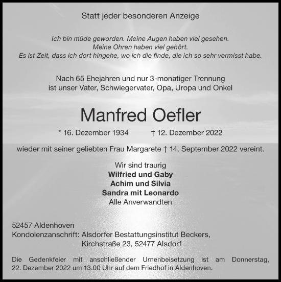Traueranzeige von Manfred Oefler von Zeitung am Sonntag