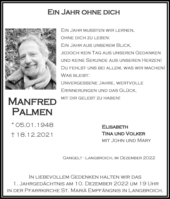 Traueranzeige von Manfred Palmen von Zeitung am Sonntag