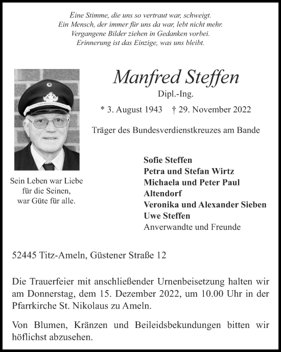 Traueranzeige von Manfred Steffen von Zeitung am Sonntag