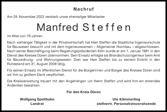 Traueranzeige von Manfred Steffen von Zeitung am Sonntag