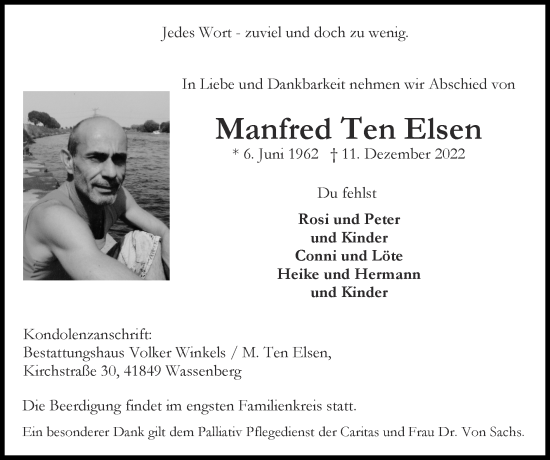 Traueranzeige von Manfred Ten Elsen von Zeitung am Sonntag