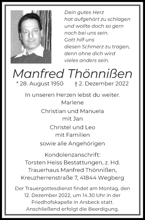 Traueranzeige von Manfred Thönnißen von Zeitung am Sonntag