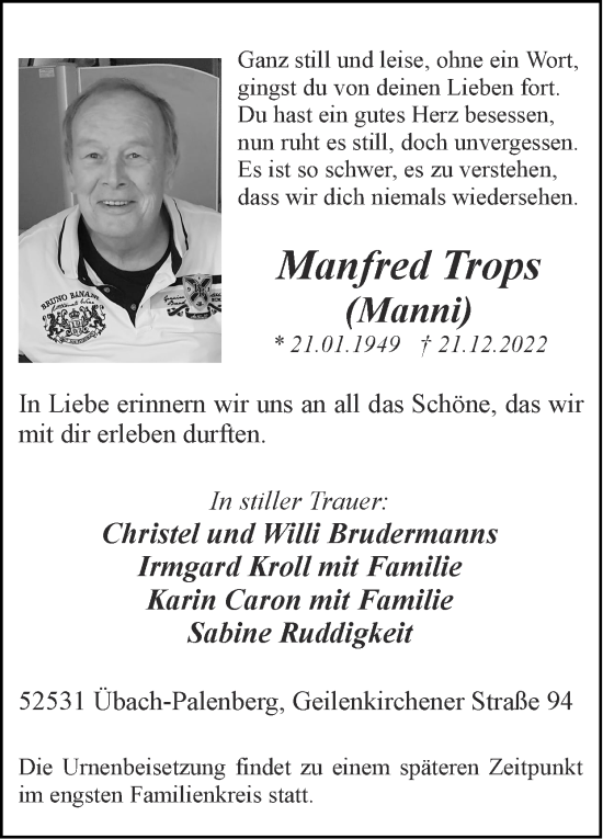Traueranzeige von Manfred Trops von Zeitung am Sonntag
