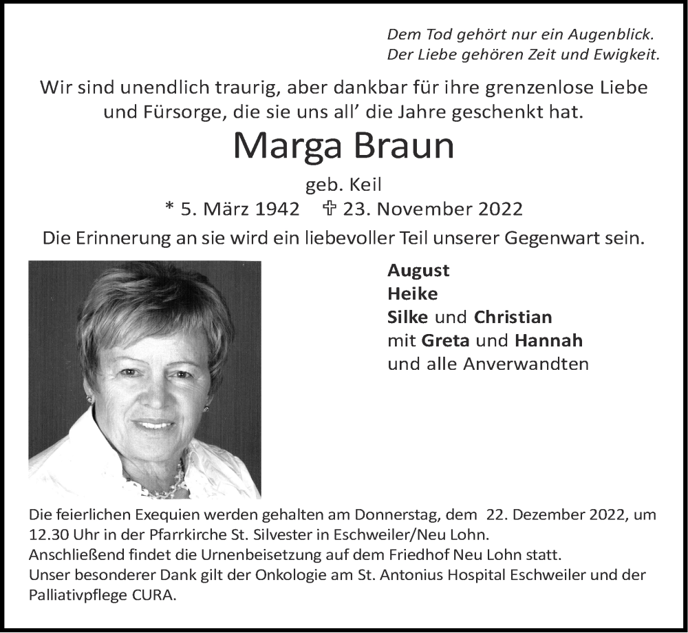  Traueranzeige für Marga Braun vom 11.12.2022 aus Zeitung am Sonntag