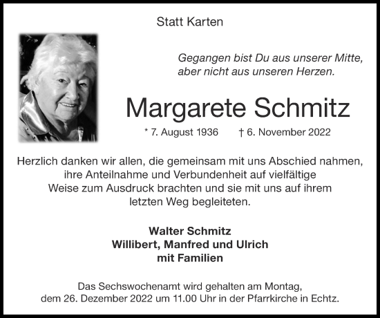 Traueranzeige von Margarete Schmitz von Zeitung am Sonntag