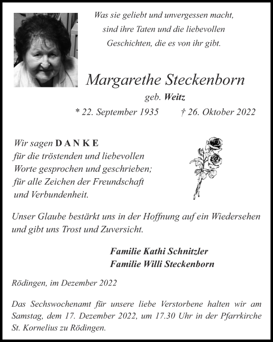 Traueranzeige von Margarethe Steckenborn von Zeitung am Sonntag