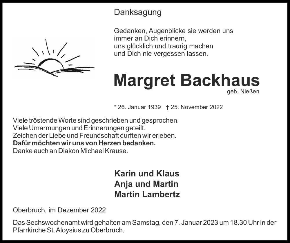  Traueranzeige für Margret Backhaus vom 18.12.2022 aus Zeitung am Sonntag
