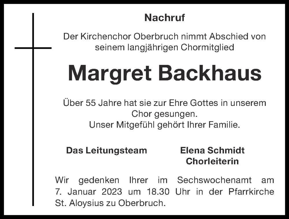  Traueranzeige für Margret Backhaus vom 01.01.2023 aus Zeitung am Sonntag