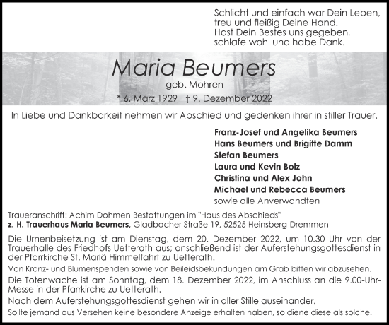 Traueranzeige von Maria Beumers von Zeitung am Sonntag