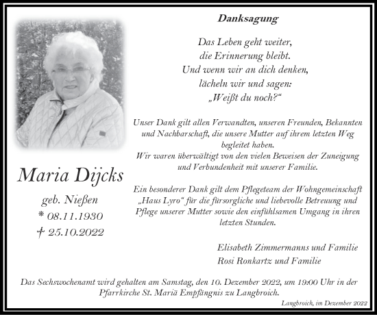 Traueranzeige von Maria Dijcks von Zeitung am Sonntag
