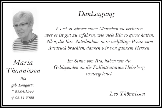 Traueranzeige von Maria Thönnissen von Zeitung am Sonntag