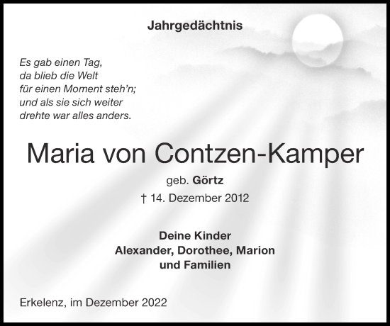 Traueranzeige von Maria von Contzen-Kamper von Zeitung am Sonntag